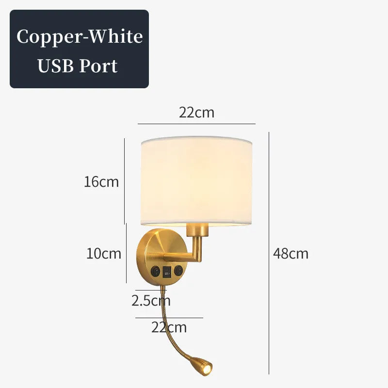 Wall lamp with USB port and measurements on a white background