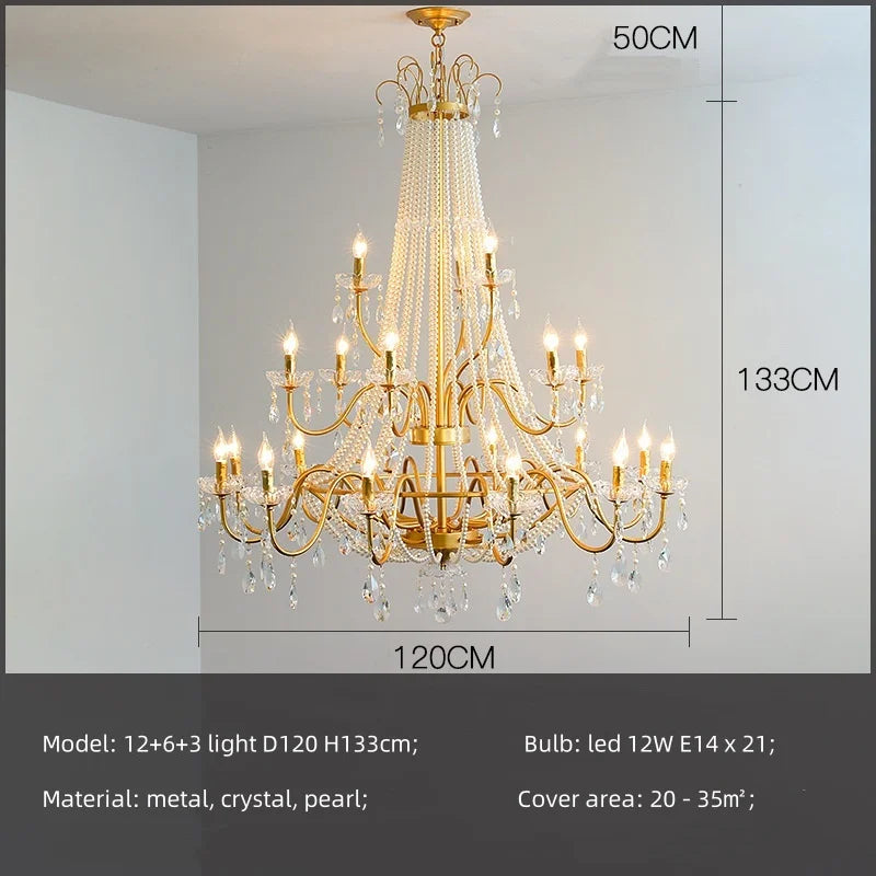 Gold chandelier with crystal accents on a plain background, featuring dimensions.