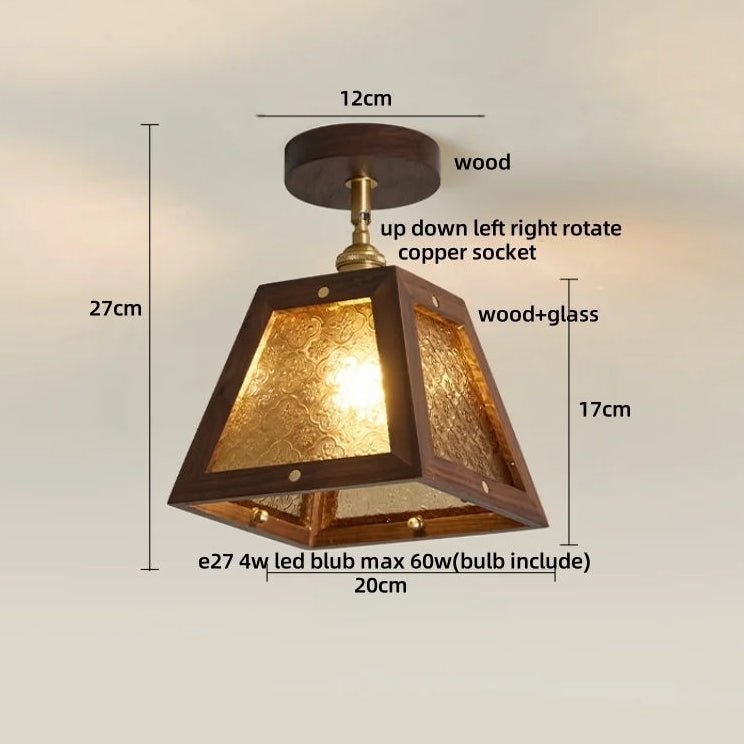 Wooden pendant light with dimensions and features labeled on a plain background