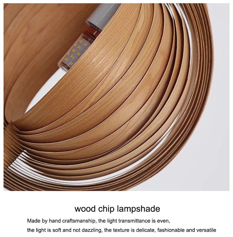 Wood chip lampshade with text describing its craftsmanship and features