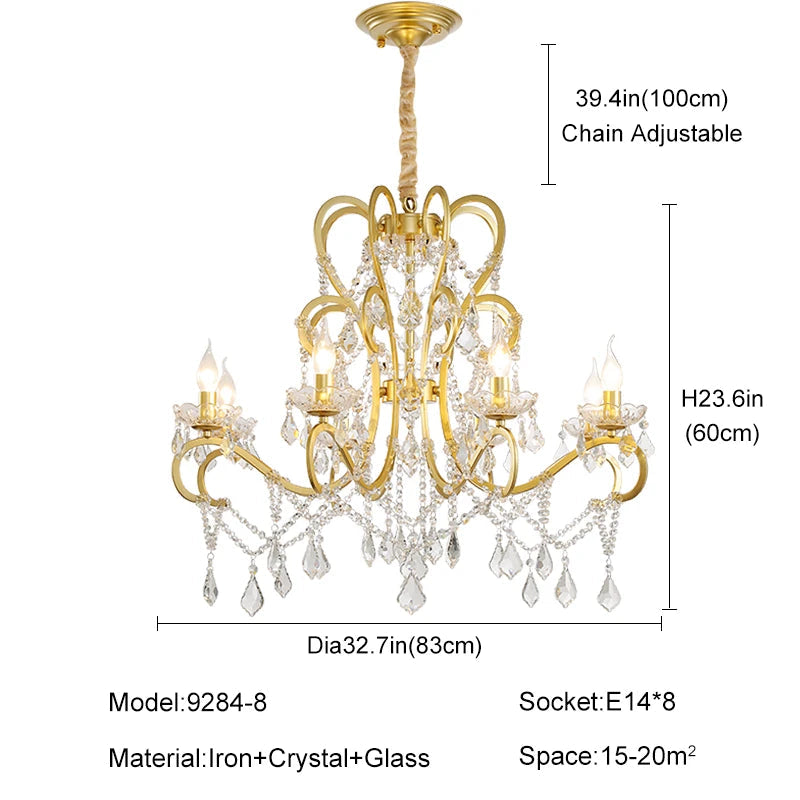 Gold chandelier with crystal accents and dimensions on a white background
