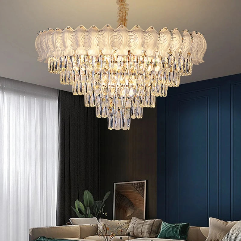 Close-up view of the intricate crystal details and polished chrome frame of a tiered waterfall chandelier.