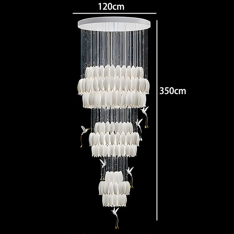 Chandelier with dimensions indicated on a black background