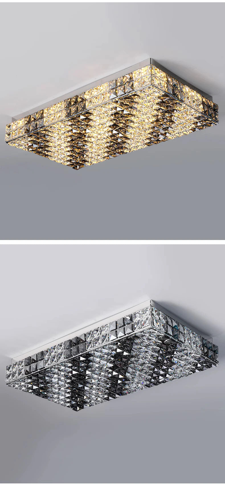 Square ceiling light fixture with crystal accents on a gray background
