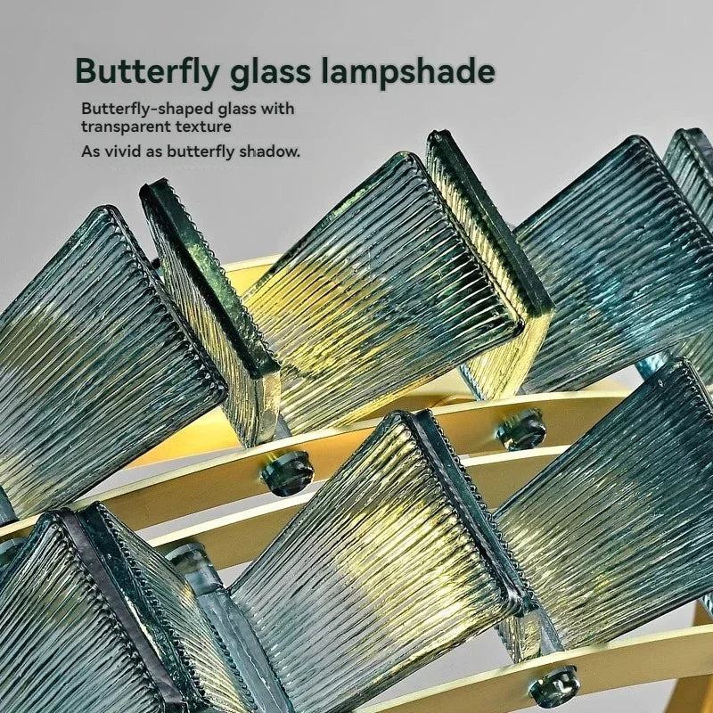 Close-up of the faceted glass lampshade components of the gold ring chandelier.