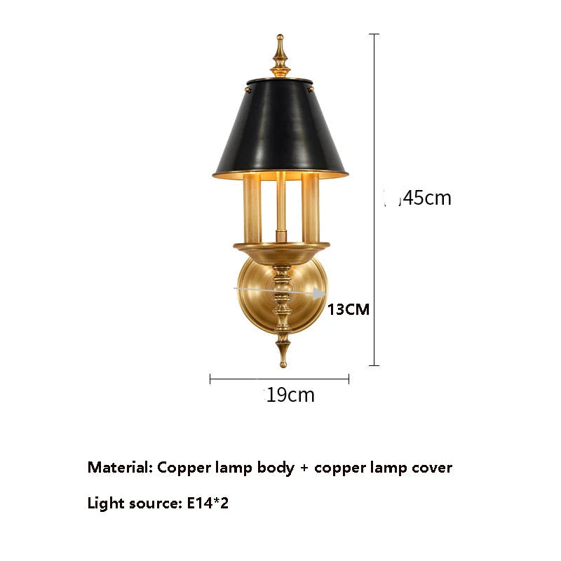 Copper wall lamp with dimensions and material details on a white background