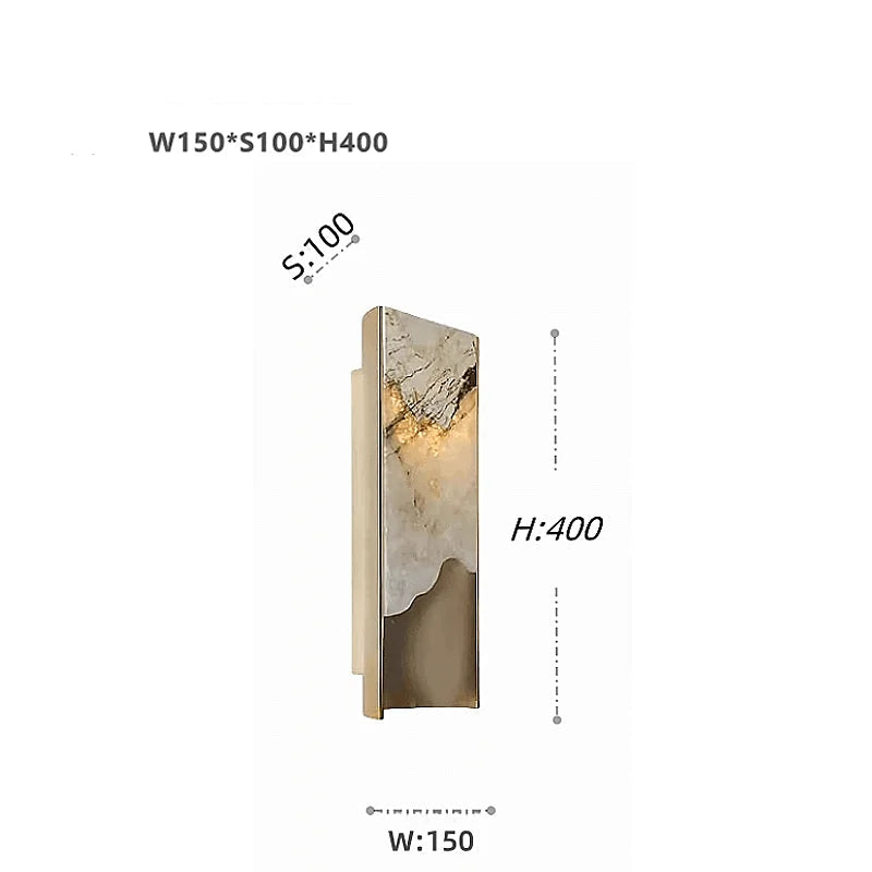 Wall lamp with dimensions and material details on a white background