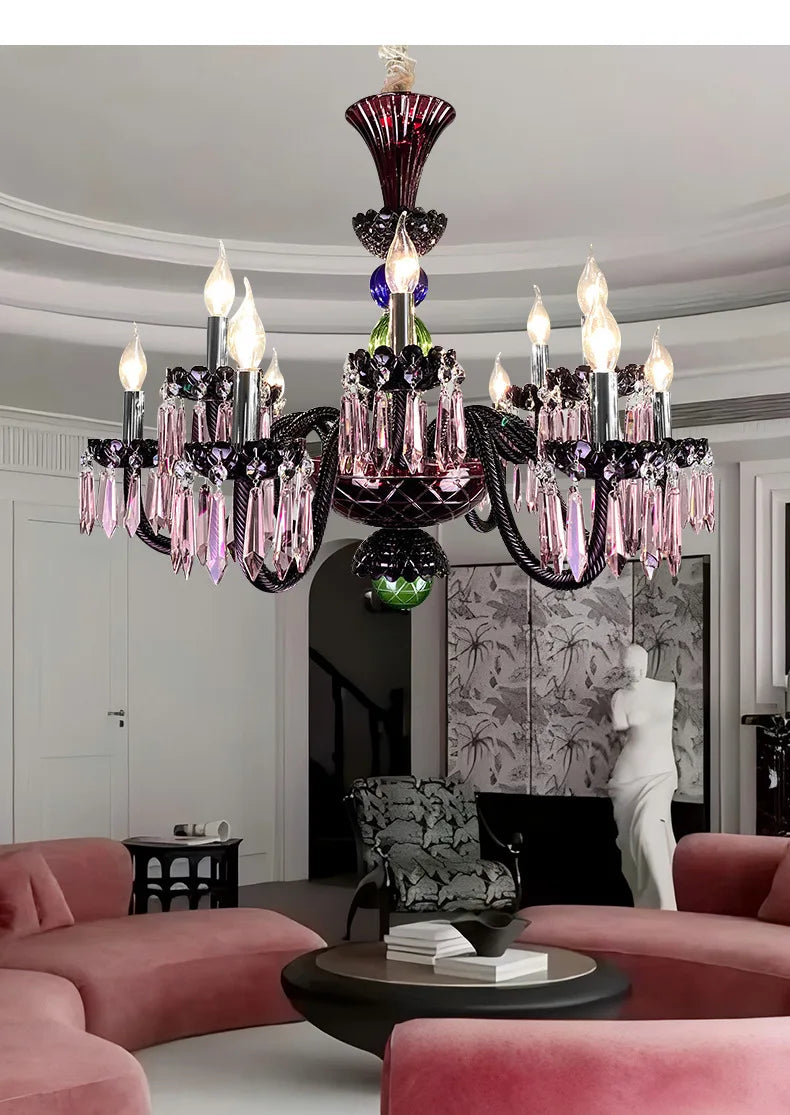 A vibrant multi-colored crystal chandelier with candelabra-style arms, featured in a stylish living room.