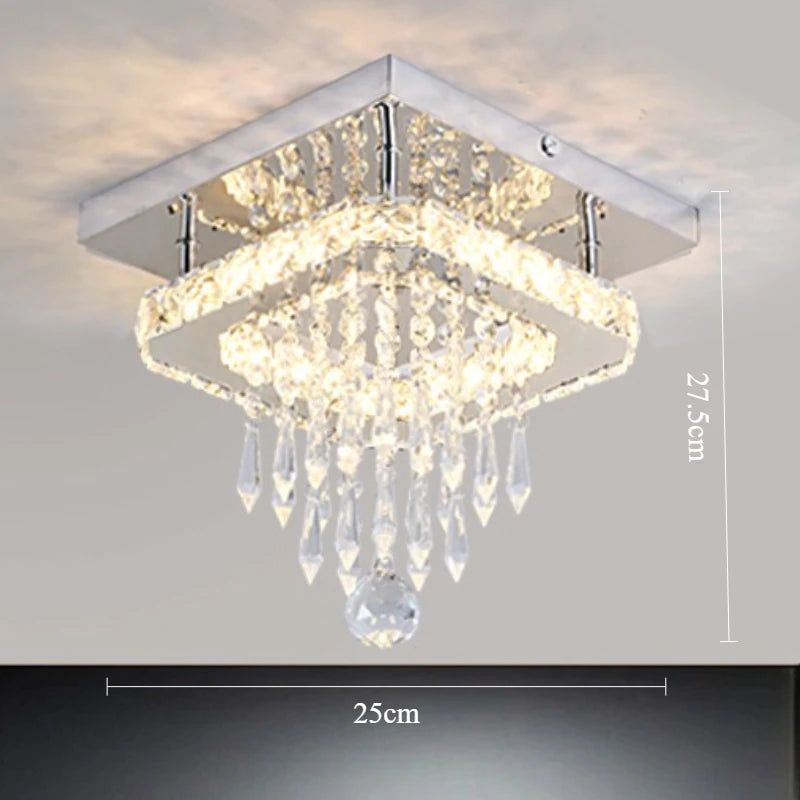Crystal ceiling light fixture with dimensions on a neutral background