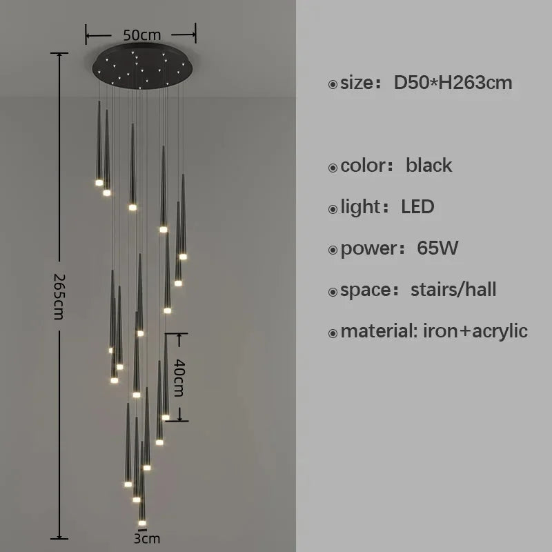 Black chandelier with dimensions and specifications on a gray background