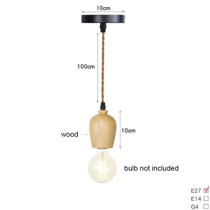 Wooden pendant light with measurements on a white background