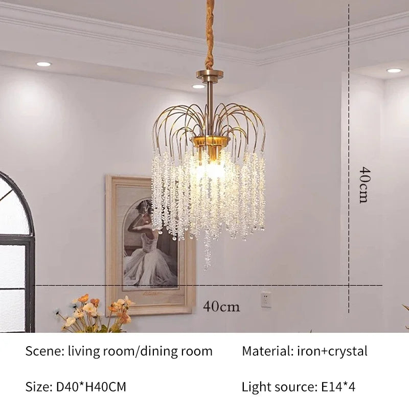 Dimensions for the gold crystal chandelier, showing 40cm height and 40cm width.