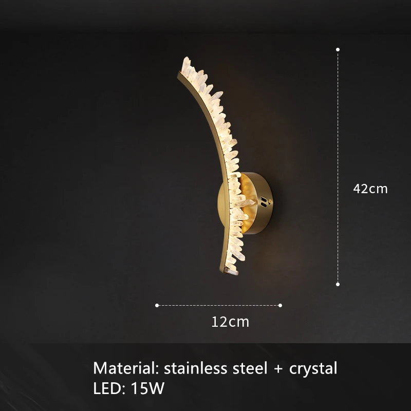 Wall-mounted light fixture with dimensions and material details on a dark background