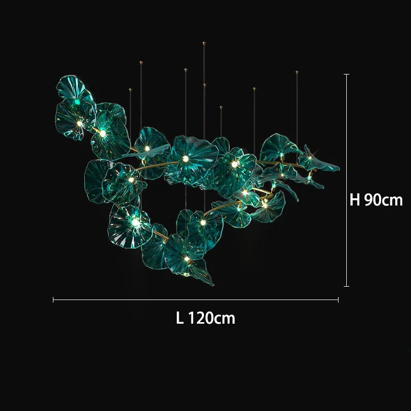 Decorative light fixture with leaf design and measurements on a black background