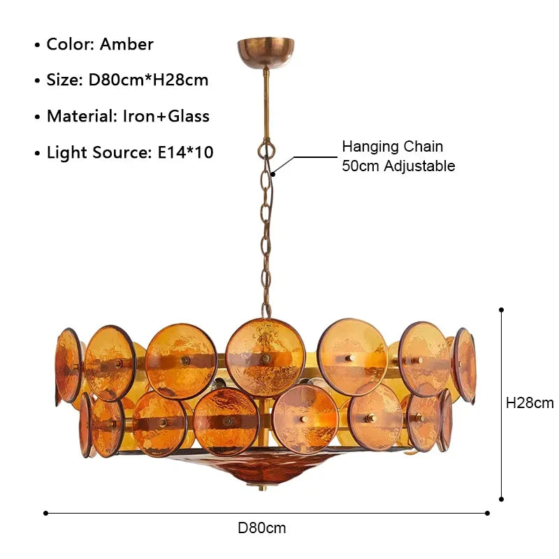 Chandelier with amber glass shades and iron frame, featuring dimensions and material details.