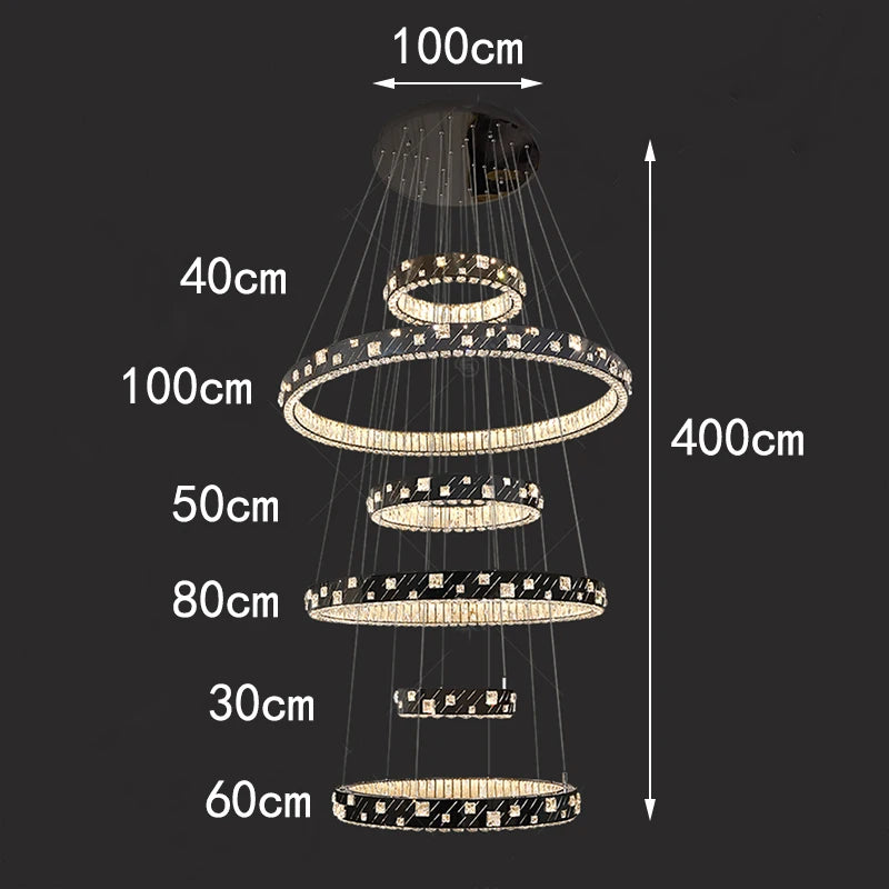 Chandelier with labeled measurements on a black background
