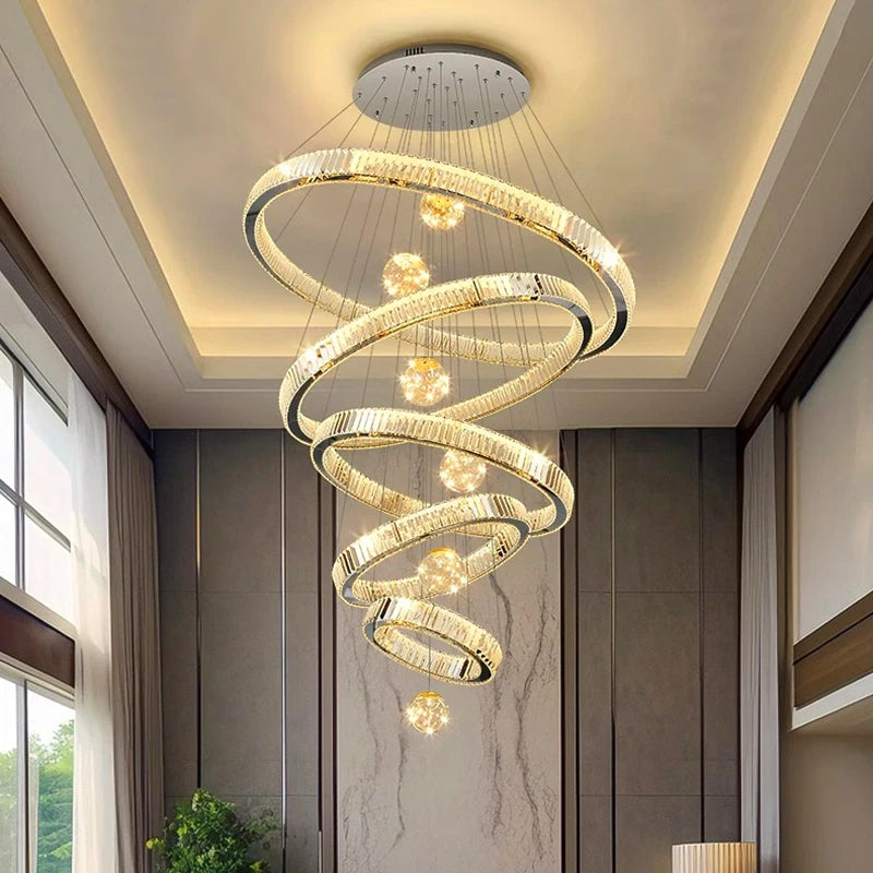 Modern chandelier with circular design hanging from a ceiling