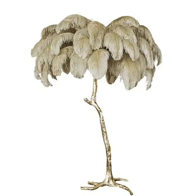 Decorative lamp with feathered shade on a white background