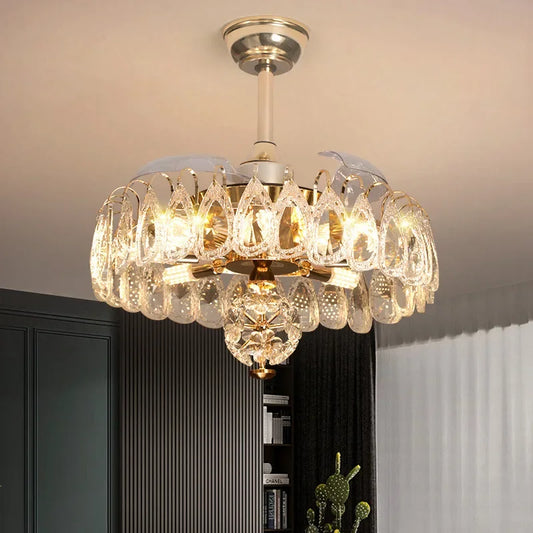 Close-up view of the gold and crystal tiered semi-flush ceiling light, showcasing the intricate crystal details.