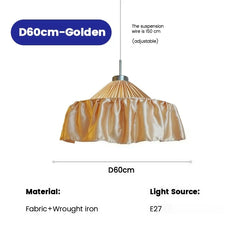 White Fabric Pleated Pendant Light with Gold Accents and Ruffled Shade