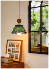 Green Ceramic Bell Pendant Light Hand Painted Floral Design