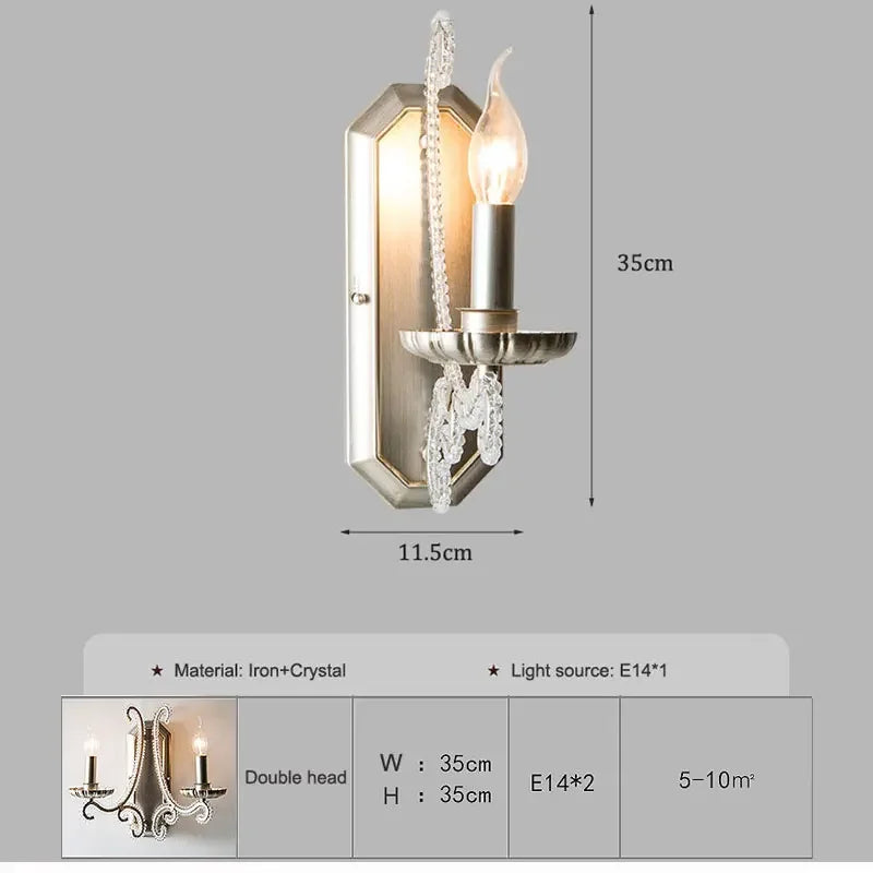 Wall-mounted light fixture with dimensions and material details on a gray background