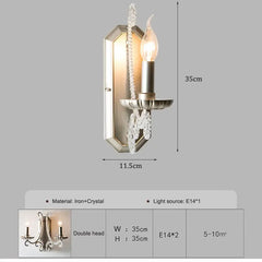 Wall-mounted light fixture with dimensions and material details on a gray background