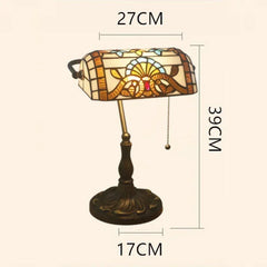 A stained glass table lamp with dimensions indicated: 27cm width, 39cm height, and 17cm base width.