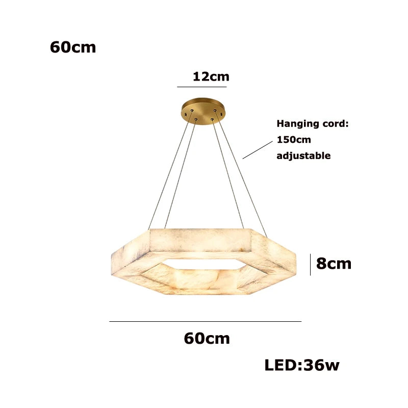 Pendant light with dimensions and specifications on a white background