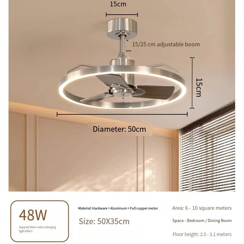 Ceiling fan with dimensions and specifications on a neutral background