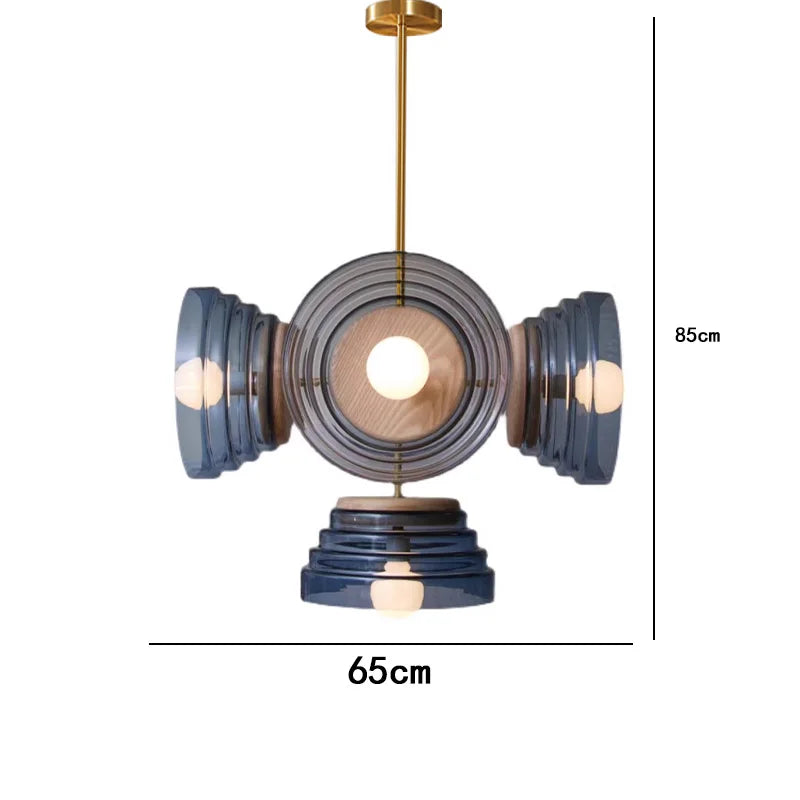 Modern pendant light with dimensions on a white background