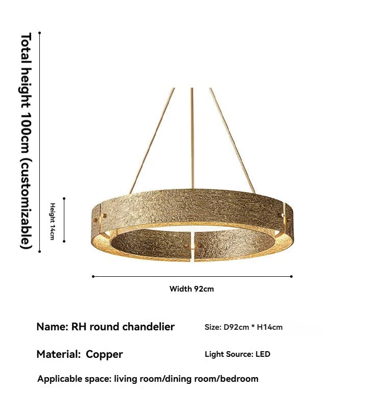 Round chandelier with dimensions and material details on a white background