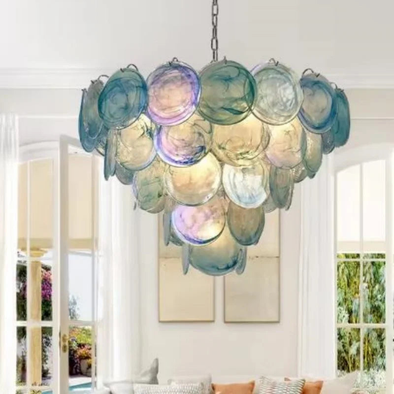 Multicolored glass disc chandelier in a living room setting