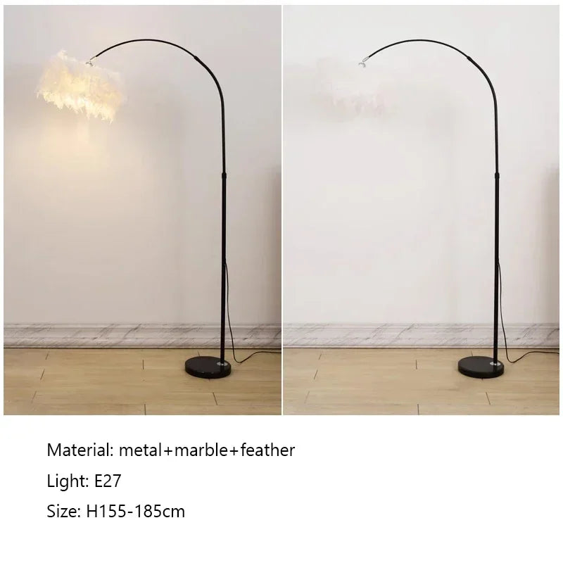 Two views of a floor lamp with a white shade on a wooden floor against a white wall.