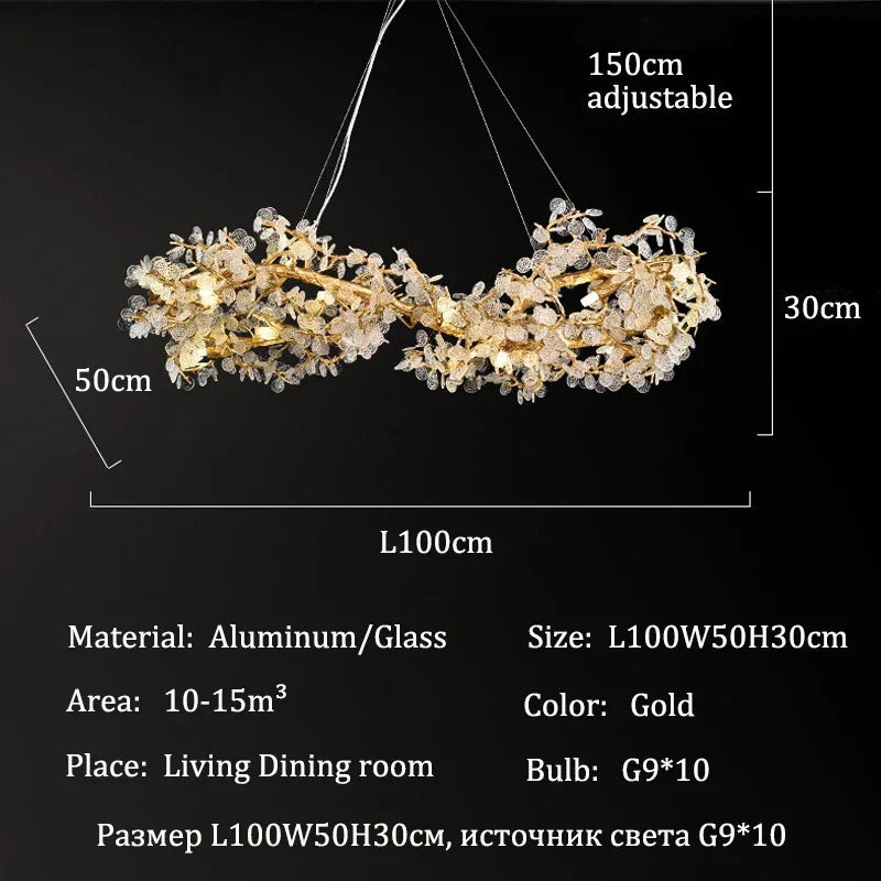 Chandelier with dimensions and specifications on a black background