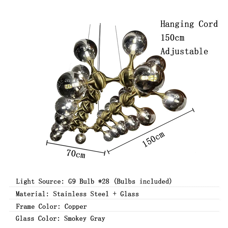 Chandelier with dimensions and material details on a white background