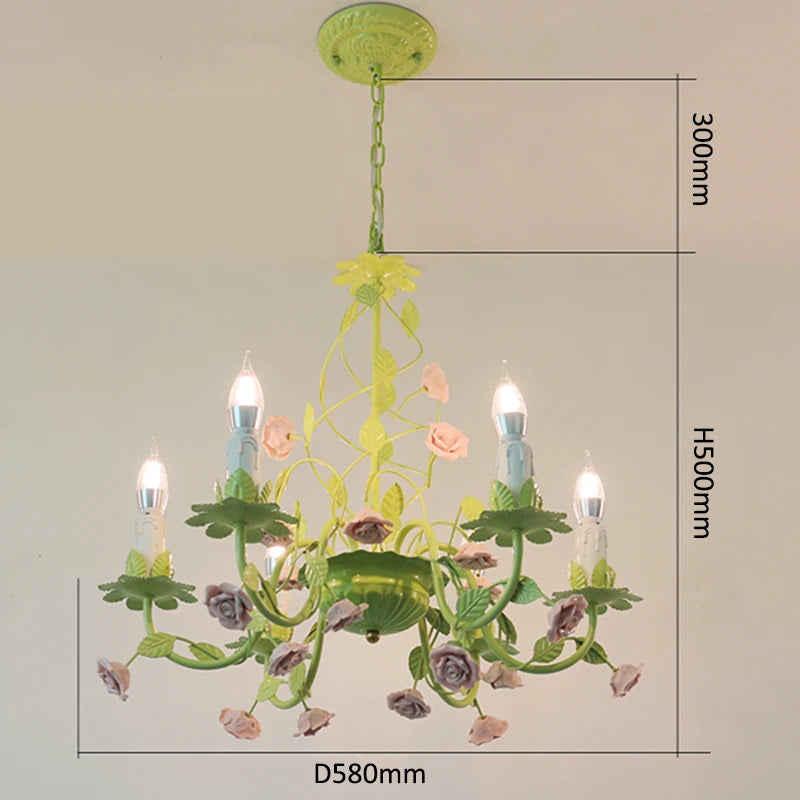 Green floral ceramic chandelier with dimensions indicated, showing a height of 500mm and diameter of 580mm.