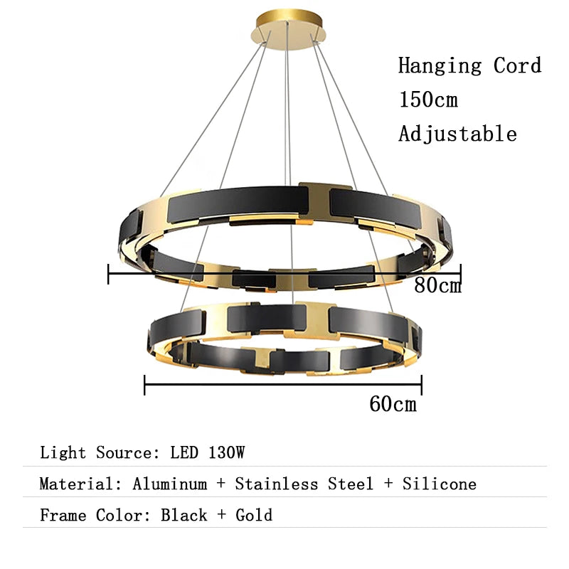 Black and gold pendant light with measurements and specifications on a white background