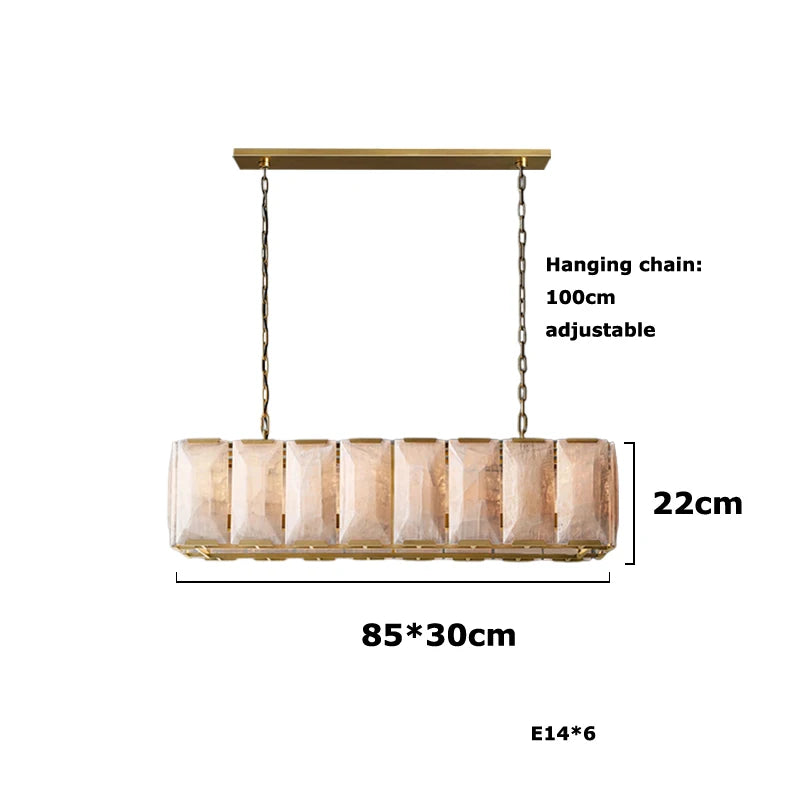 Pendant light with dimensions and hanging chain length on a white background