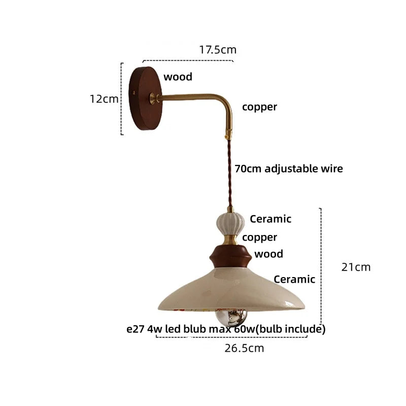 Wall-mounted lamp with dimensions and material details on a white background