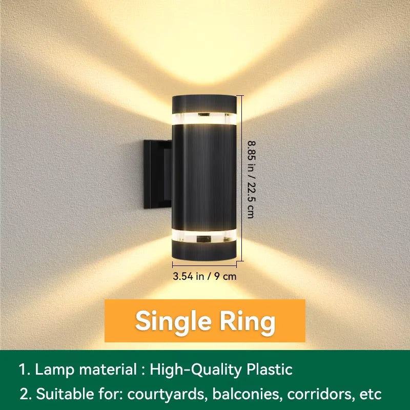 Wall-mounted outdoor light fixture with dimensions and material details on a neutral background