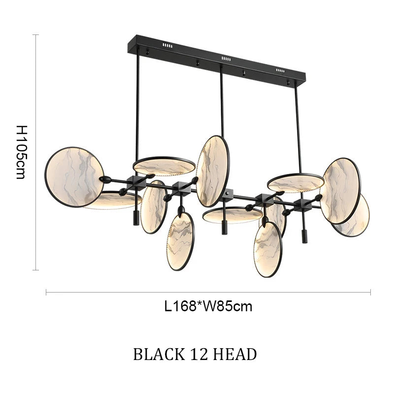 Modern chandelier with black frame and beige glass shades, featuring dimensions on a white background.