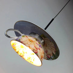 Gold Metal Frame Floral Ceramic Pendant Light with Green Leaf Accents