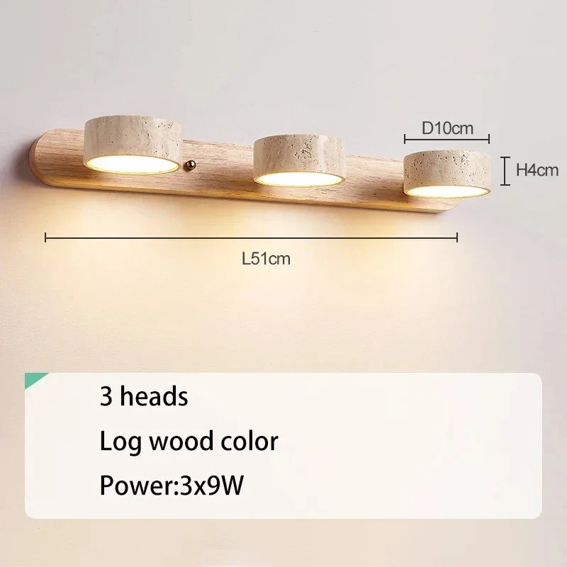 Ceiling light fixture with three heads in log wood color, dimensions displayed.