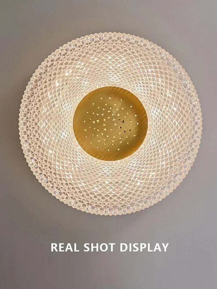 Round textured wall light fixture on a gray background with 'Real Shot Display' text.