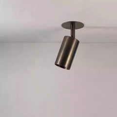 A close-up of a dark brushed metal cylinder spotlight mounted on a white ceiling, showing its angled position.