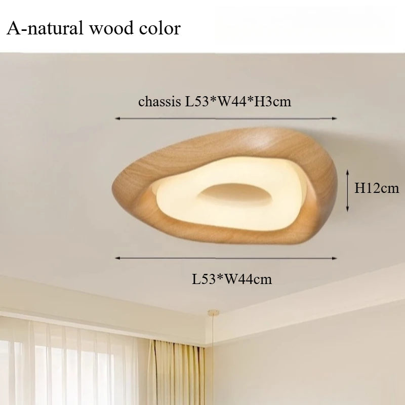 Wooden ceiling light fixture with dimensions on a neutral background