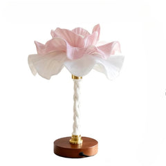 White & Pink Petal LED Table Lamp with Braided Stem and Wood Base