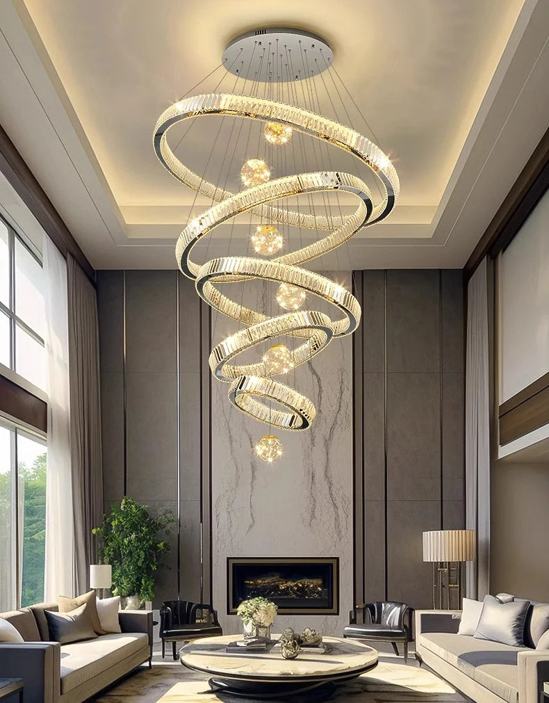 Modern living room with a spiral chandelier