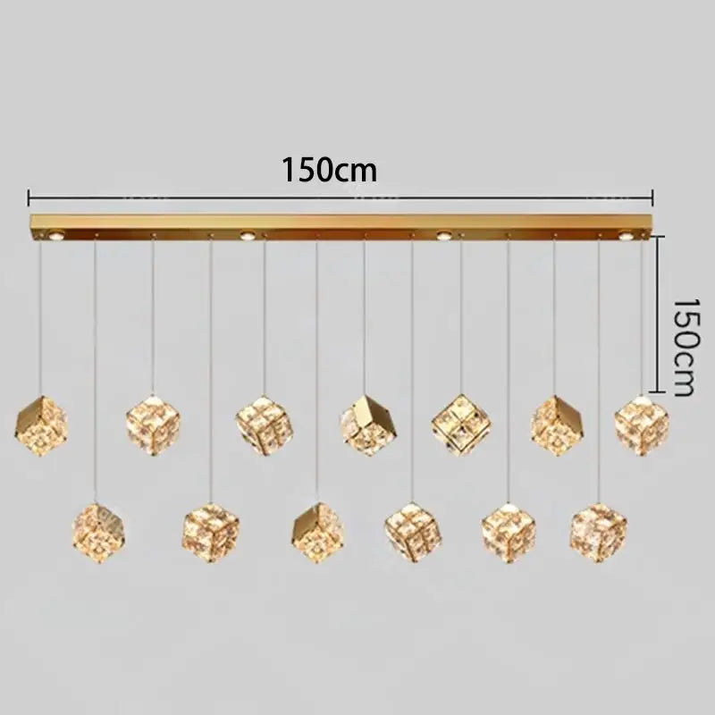 Chandelier with crystal lights and measurement details on a gray background